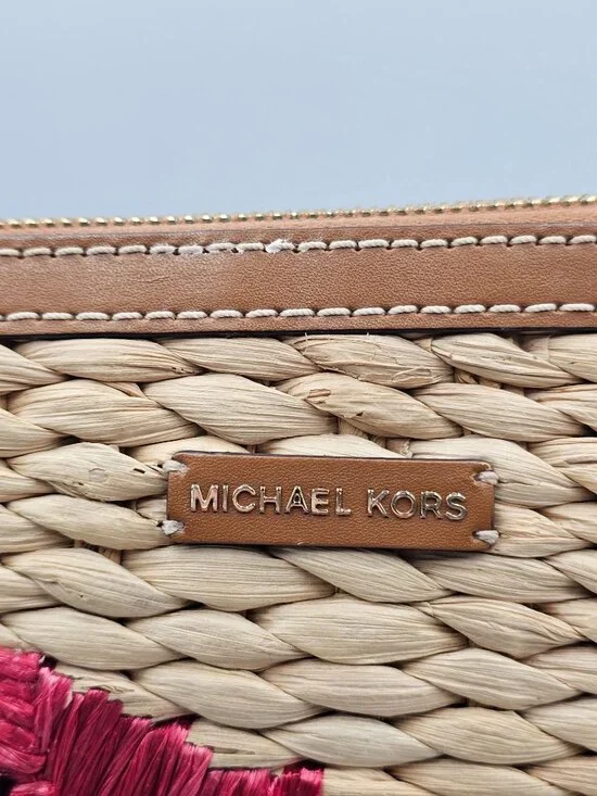 Michael Kors Women's Watermelon Raffia Malibu Straw XL Clutch Zip Wristlet 3304 - Picture 13 of 14